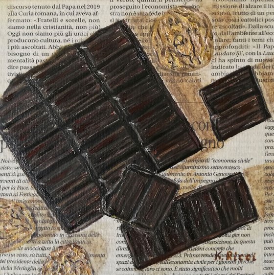 "Chocolate Bar with Walnuts on Newspaper" Original Oil on Canvas Board Painting 6 by 6 inches (15x15 cm)