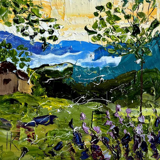 Alps Painting Mountains Original Art Barn Oil Impasto Cabin Artwork Landscape Wall Art 8 by 8" by Halyna Kirichenko