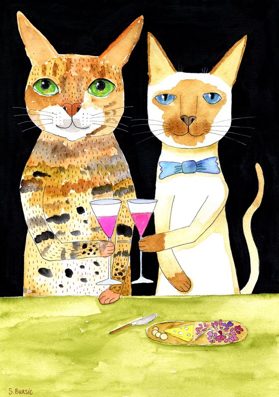 Friday Night Drinks, Funny Humour Drinking Cats Siamese and Bengal Cat