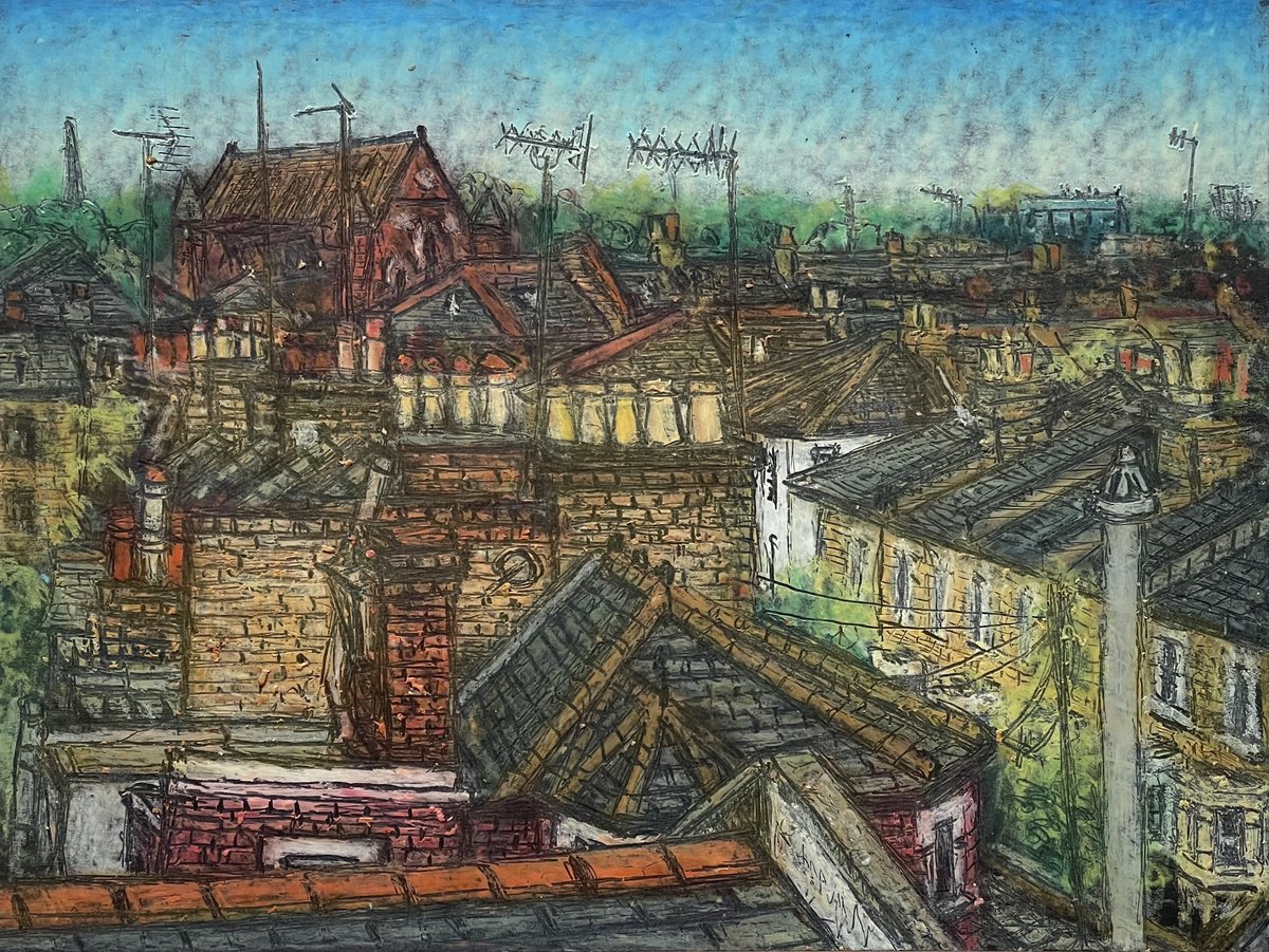 Expressive Cityscapes Pastel Drawing By David Lloyd, 8 X 6, Brackenbury Village Chimneys, Original Artwork