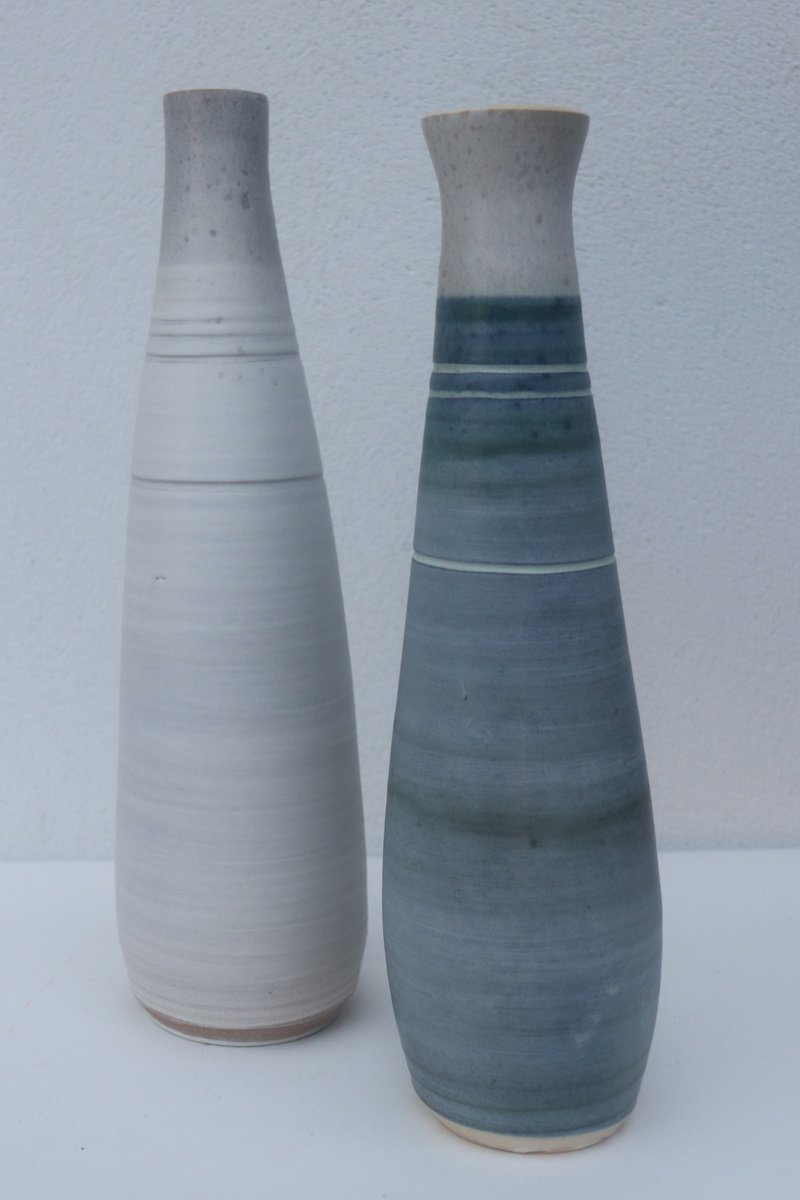 Geometric Abstract Clay Sculpture By Koen Lybaert, 8 X 13", Two Vessels, Blue And Grey., Original Artwork