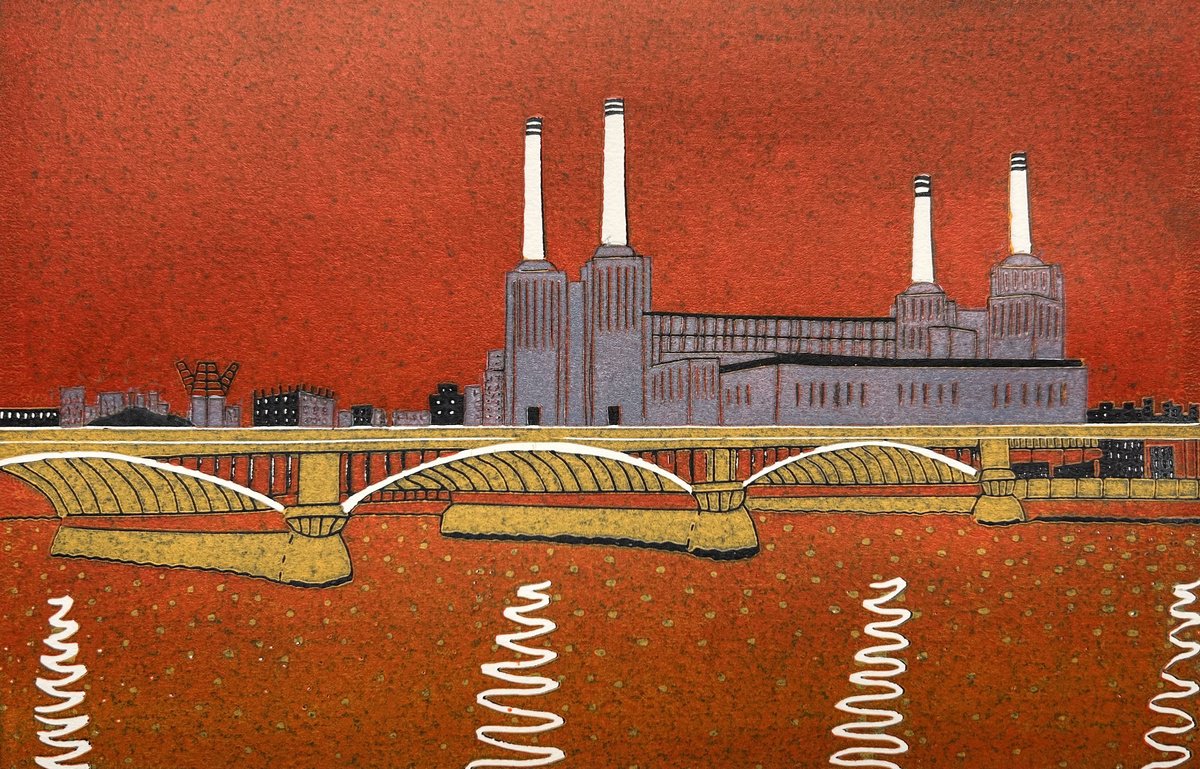 Illustrative Linocut , Battersea Power Station By Nathalie Pymm Art, 12 X 8, Artwork For Sale On Artfinder