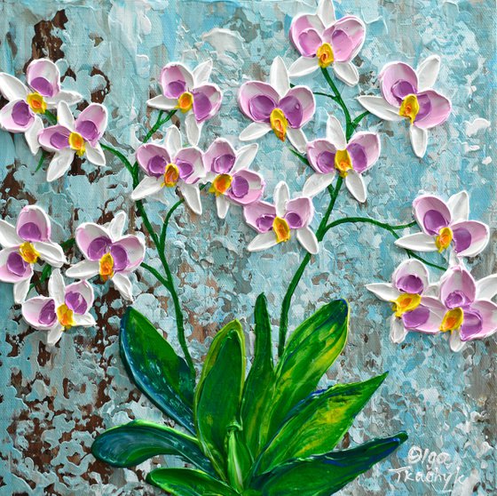 Violet Orchid - Impressionist Flower Painting, Palette Knife Art