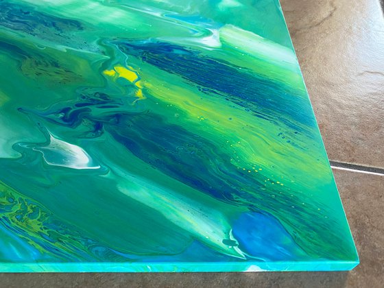 "Is My Reality Running?" - Original Abstract PMS Fluid Acrylic Painting on a Recycled Desk Panel - 23.5 x 14.5 inches