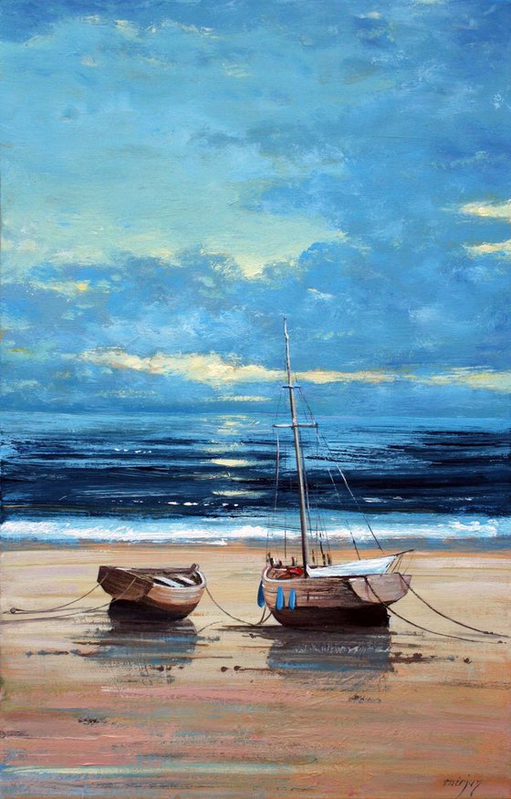 DISCOUNT SPECIAL PRICE " BOATS ON THE BEACH " ORIGINAL PAINTING, SUNSET,SEASCAPE
