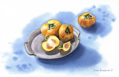 Orange fruit in blue original watercolor painting medium format, kitchen art, farmhouse decor by Irina Povaliaeva