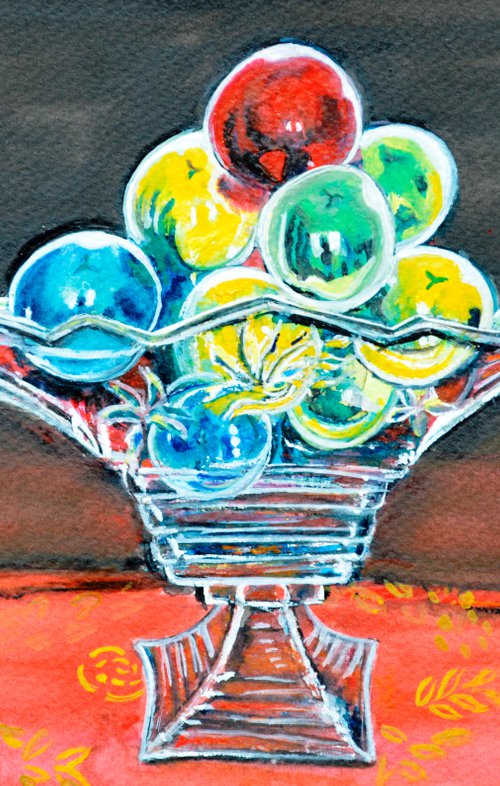 Still life watercolor painting christmas baubles in glass vase by Manjiri Kanvinde