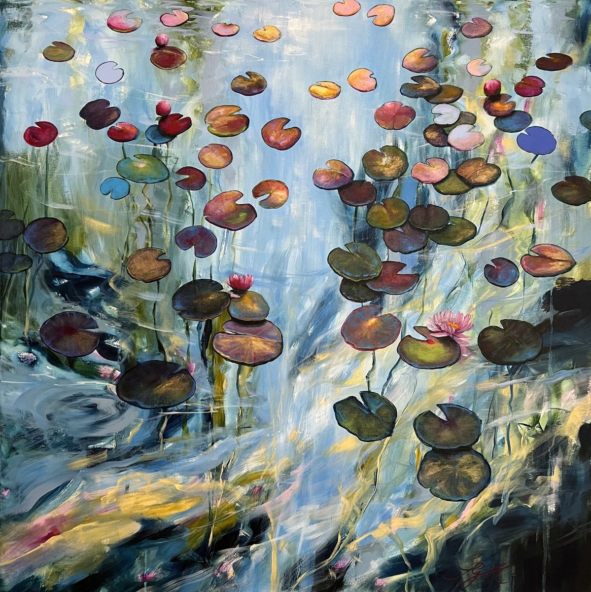 Impressionistic Botanical Acrylic Painting By Sandra Gebhardt-Hoepfner, 31 X 31", Floating 3, Original Artwork