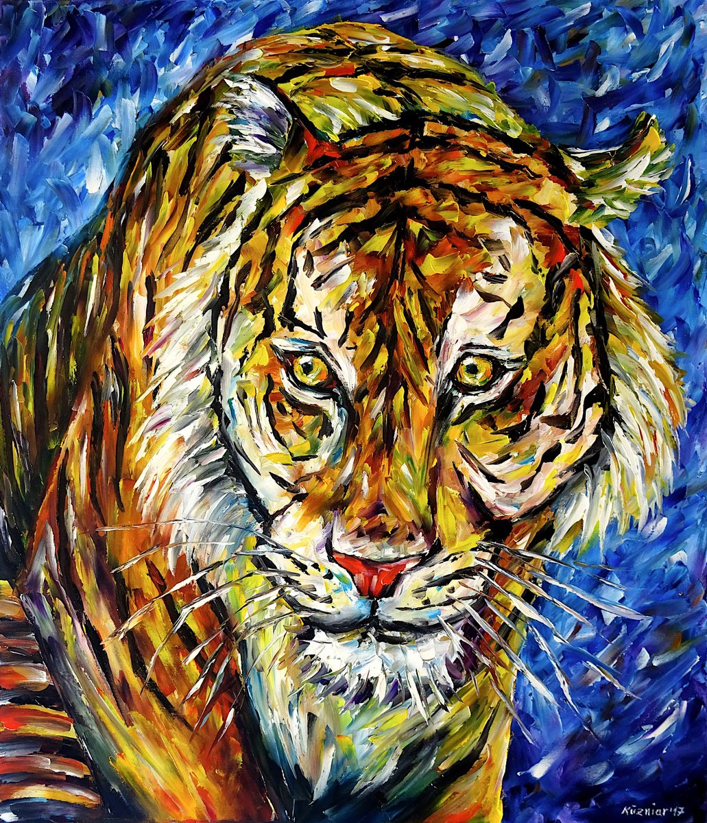 Expressive Animal Oil Painting By Mirek Kuzniar, 24 X 28", Sumatra Tiger, Original Artwork