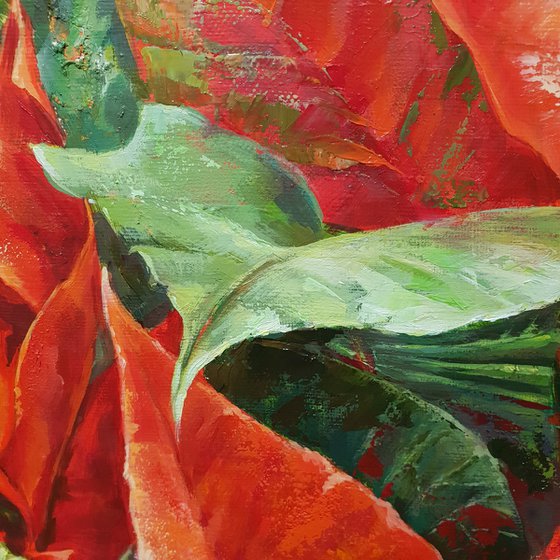 Two stars - oil painting, red flower, gift idea, contemporary art