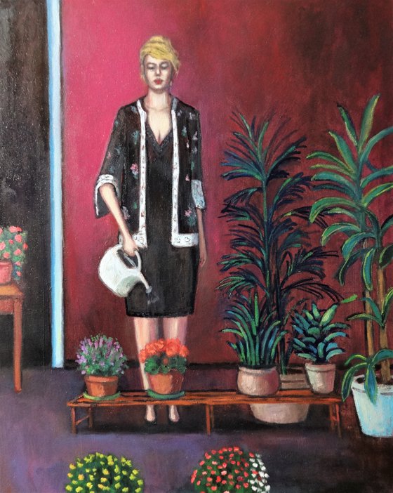 Woman with plants and flowers