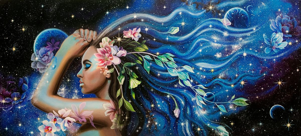 The Universe inside us, woman flowers art, space painting by Anna Steshenko