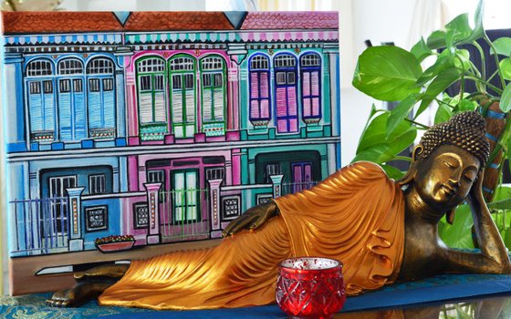 Peranakan Mansion- Singapore painting detailed cityscape on sale