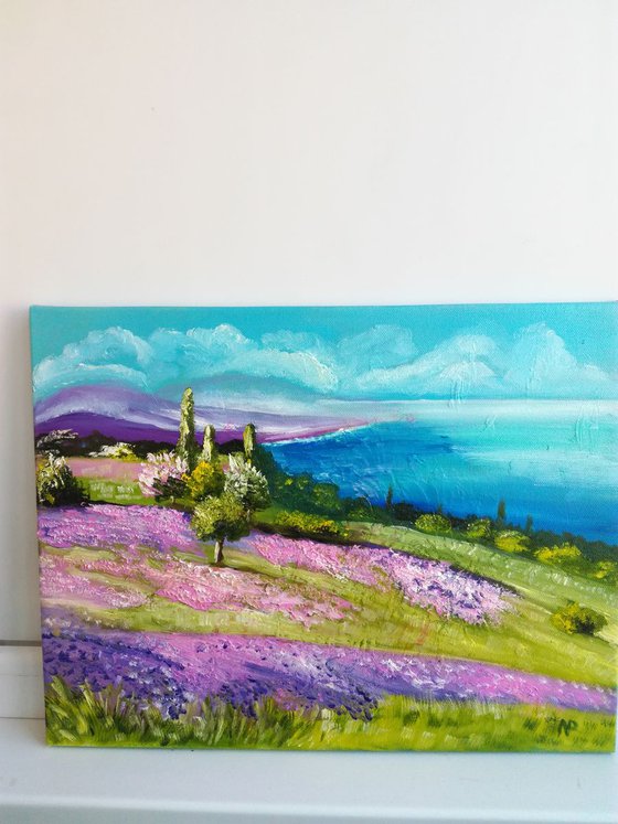 Lavender fields, summer, sky, gift, original oil painting