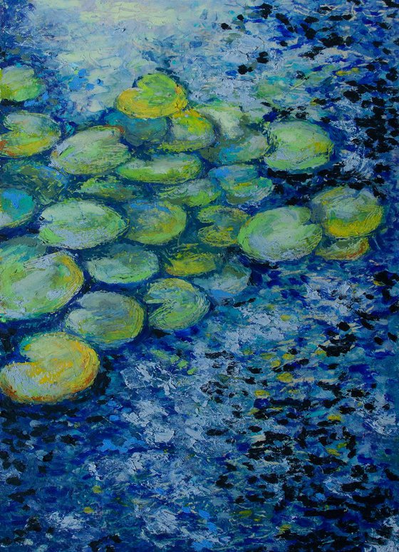 Oil pastel drawing on lily pads on the pond