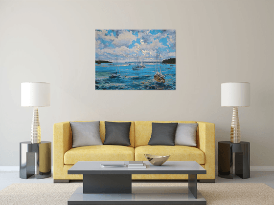 Morning on the bay (mixed-media, acrylic and gold leaf) (36x48x1.5")