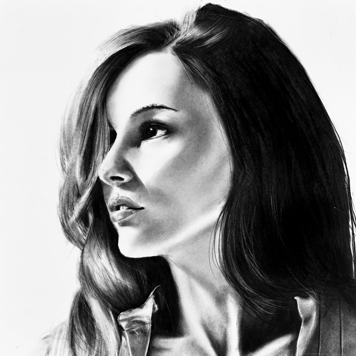 Photorealistic Portrait Charcoal Drawing By Denny Stoekenbroek, 14 X 14, Glimpse Of Light, Original Artwork