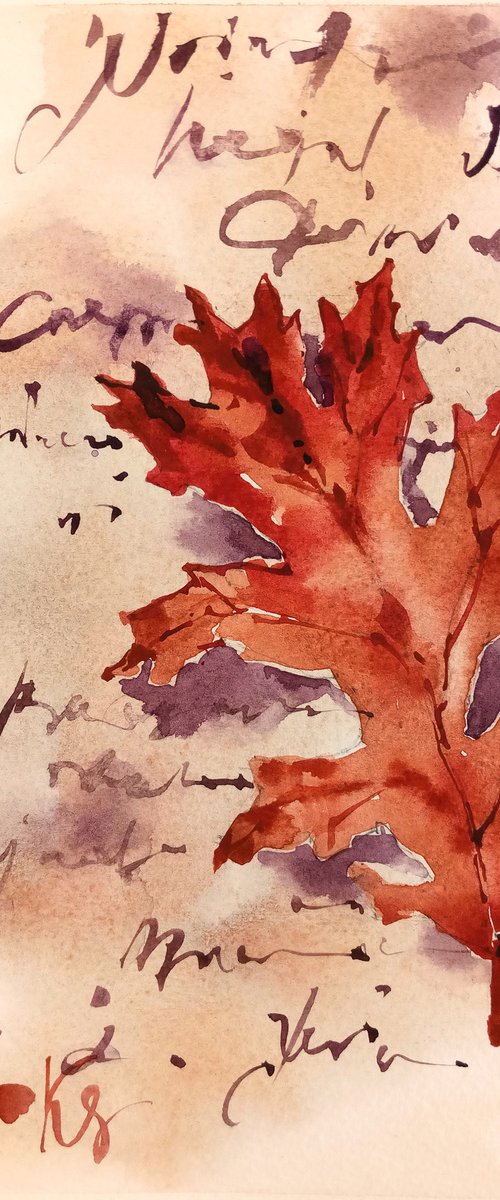 Autumn letter original watercolor artwork red oak leaf by Ksenia Selianko