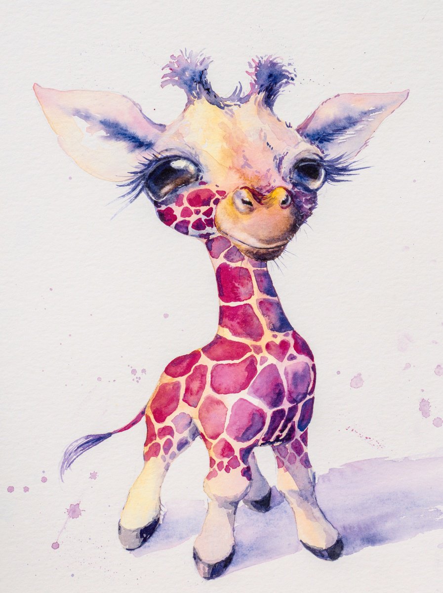 Cartoon Animal Watercolour By Eve Mazur, 12 X 16, Cute Giraffe, Original Artwork