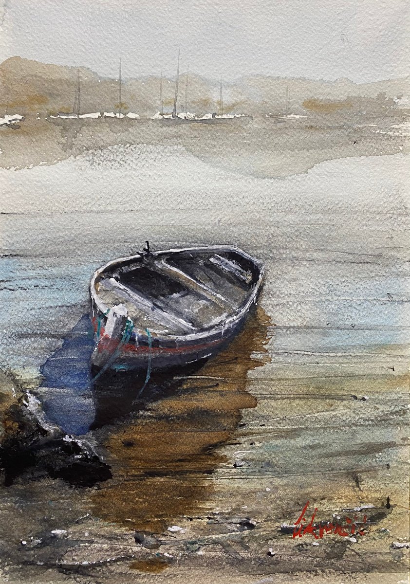 Impressionistic Landscape Watercolour By Tihomir Cirkvencic, 10 X 14", Old Boat Scene, Original Artwork
