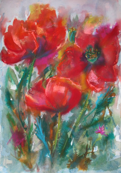Expressive Red Flowers II / ORIGINAL PAINTING by Salana Art Gallery