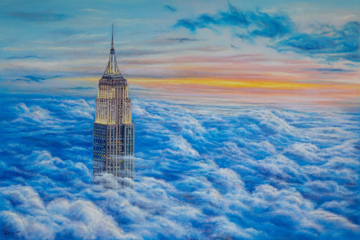 Photorealistic Cityscapes Oil Painting By Olena Nabilsky, 36 X 24", Empire State, Original Artwork