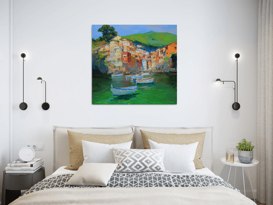 Riomaggiore, Italy seascape oil painting- impasto painting - Italian bay area art work