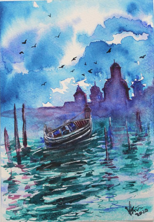 Beautiful Venice in the morning - My First Watercolor painting - Italy - famous places - architecture - gift - city of love by Vikashini Palanisamy