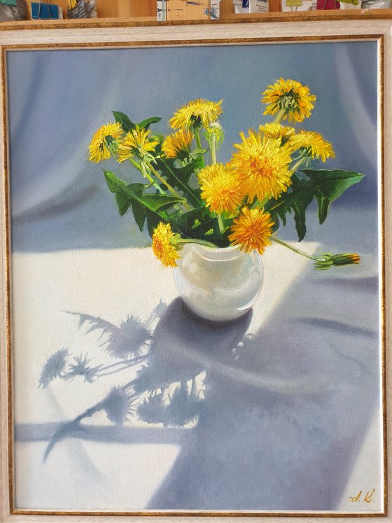 "Bouquet from a young gentleman. "  still life summer  dandelion   white liGHt original painting  GIFT (2021)