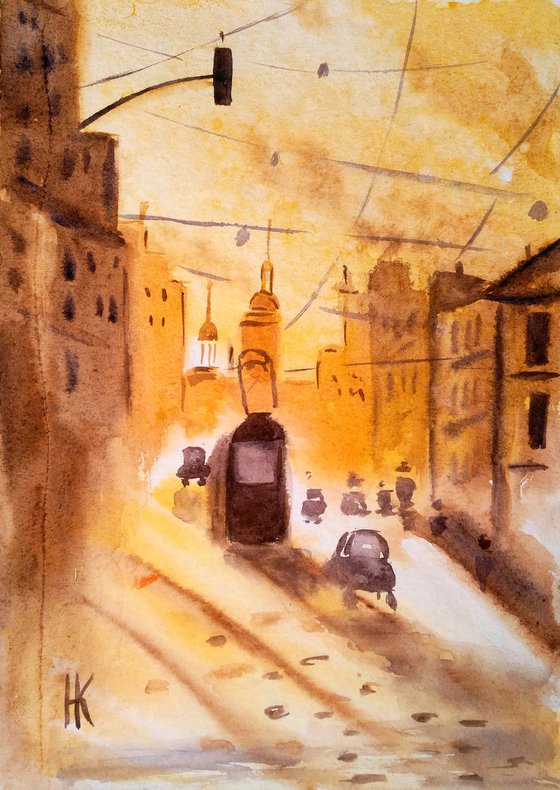 Lviv Painting Cityscape Original Art Ukraine Small Watercolor Artwork Home Wall Art 8 by 12" by Halyna Kirichenko