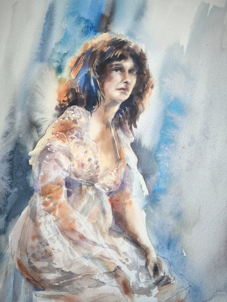Impressionistic Portrait Watercolour By Olga Drozdova, 22 X 30", Model Francesca, Original Artwork