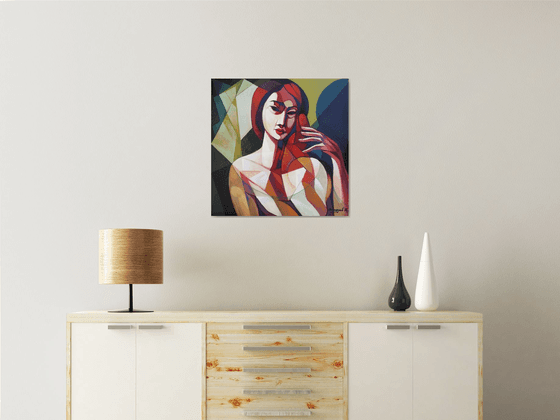 In front of the mirror (60x60cm, cubism, oil painting, ready to hang)