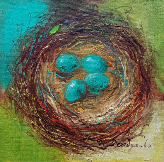 Blue Egg nest painting original canvas 6x6 in frame, Turquoise Robin's bird eggs small framed art, Green small bird painting gift