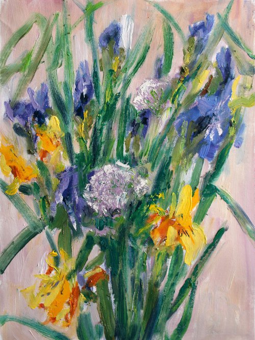 Summer bouquet with irises... /  ORIGINAL PAINTING by Salana Art Gallery
