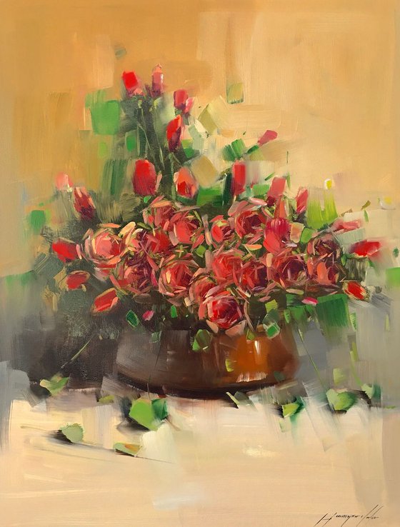 Vase of Roses, Oil painting, One of a kind, Signed, Handmade artwork