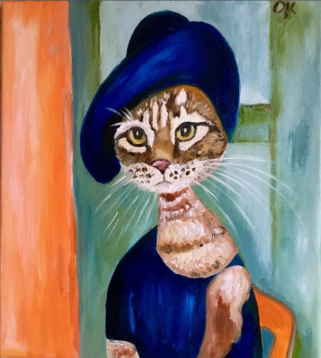 Expressive Animal Oil Painting By Olga Koval, 16 X 18", Cat Lady In A Hat, Original Artwork