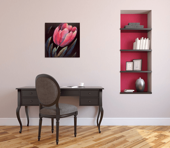 RED CRYSTAL TULIP ON A BLACK BACKGROUND