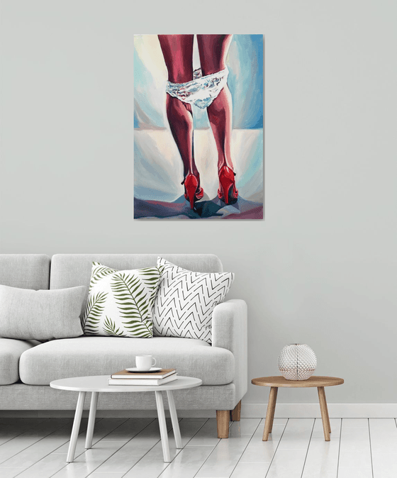 RED HEELS - erotic art original oil painting woman legs underneath red heels pop art office art decor home decor gift idea