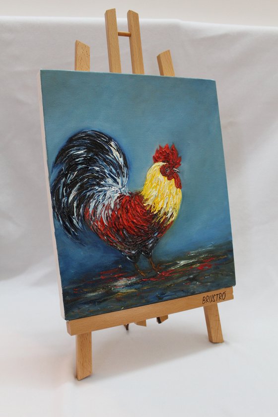 Mr.Roo - Rooster series, Cock painting - Oil painting on canvas board- Bird art - textured bird artwork