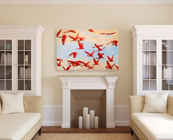 RESERVED  -Flying Scarlet Ibises – Red birds – Tropical birds - original acrylic painting ready to hang
