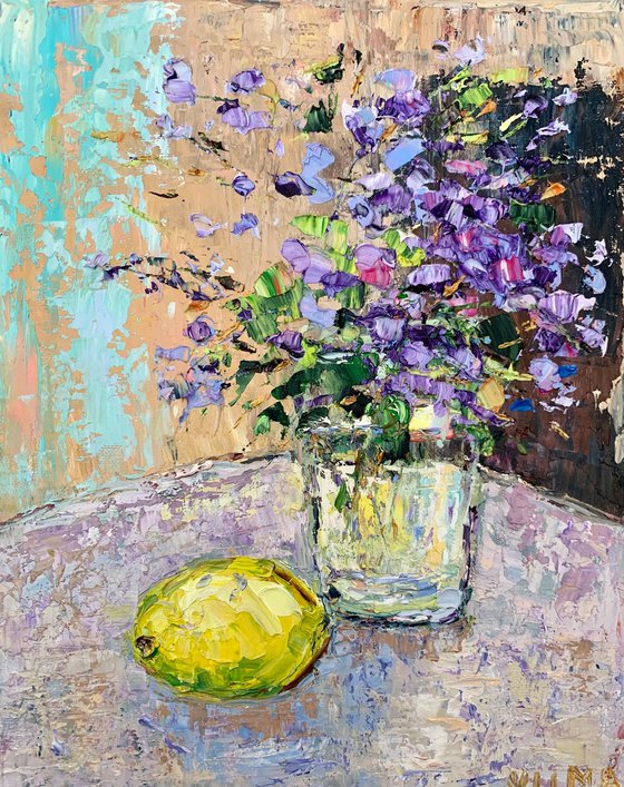 Still life with flowers and lemon