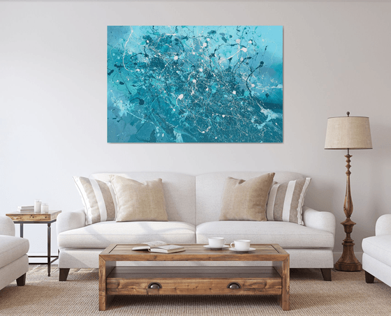 Splashy Waves 10 - XXL LARGE ABSTRACT TURQUOISE PAINTING, FULL OF MOVEMENT. LARGE STATEMENT PIECE, READY TO HANG!