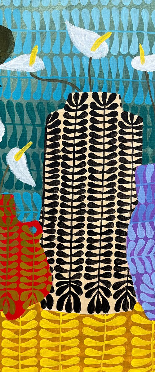 Three vases with peace lilies and monstera by LENKA STASTNA