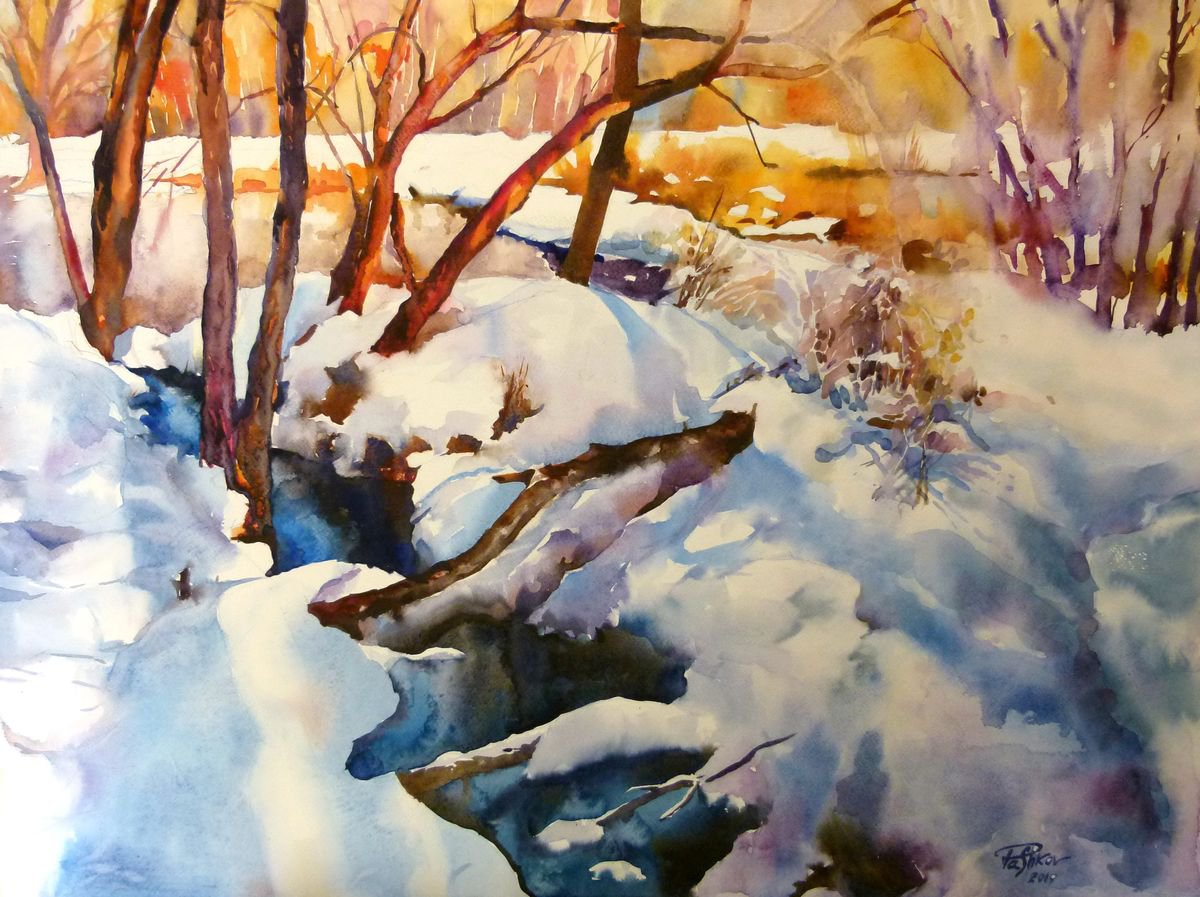 Impressionistic Landscape Watercolour By Yurii Pashkov, 30 X 22", March, Original Artwork