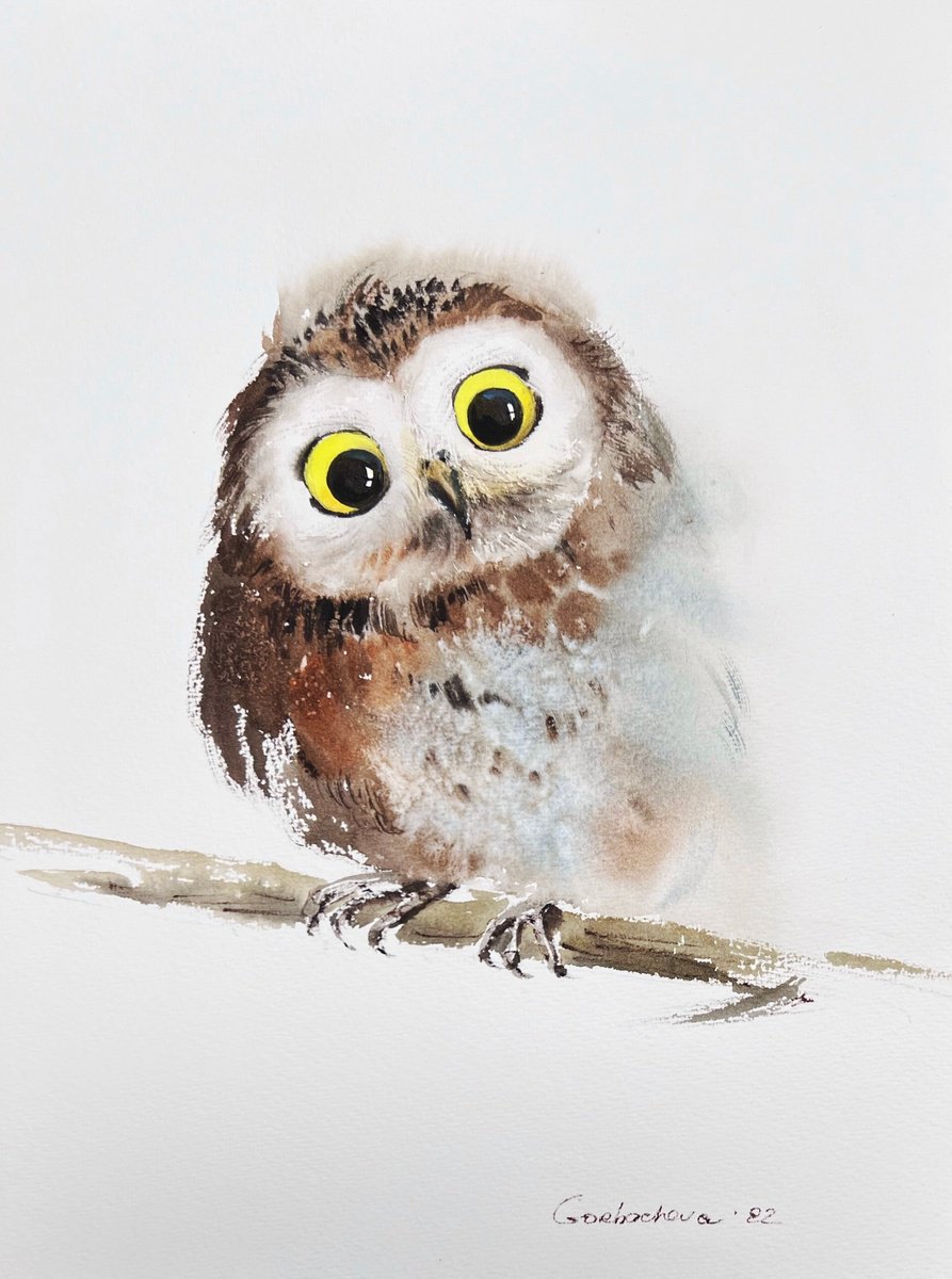 Little owl on a branch #9 by Eugenia Gorbacheva