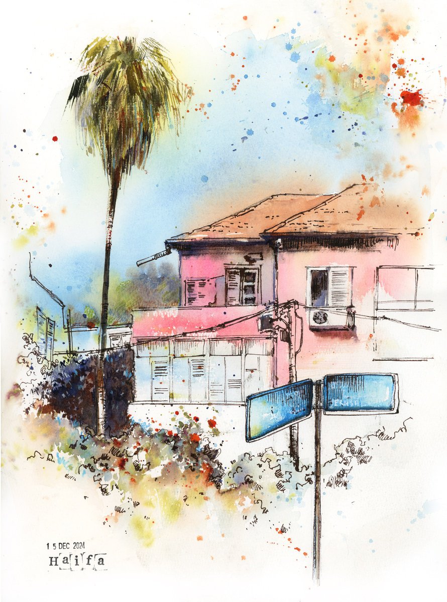 Impressionistic Cityscapes Painting By Sophie Rodionov, 12 X 16", Haifa Pink House, Original Artwork