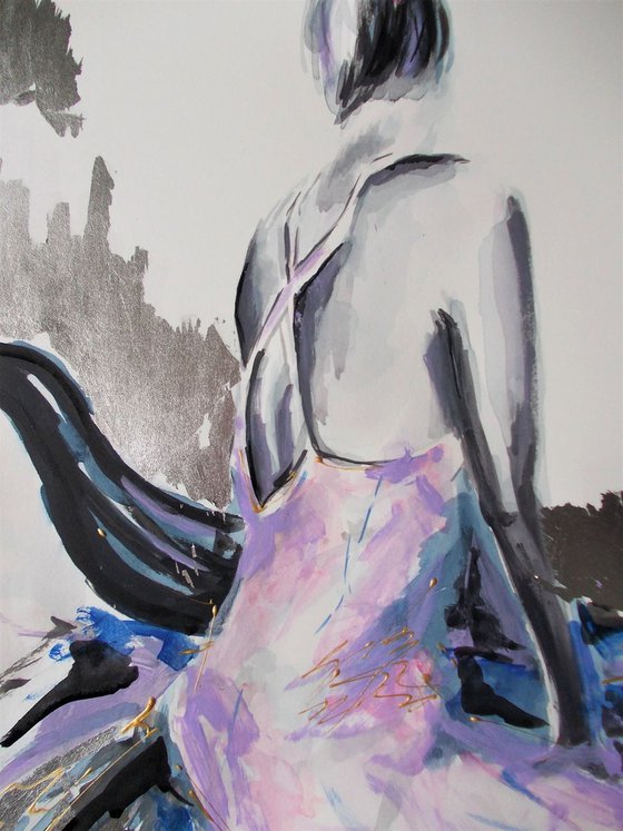 Grey and Purple- Mixed Media  Woman  Painting on Paper