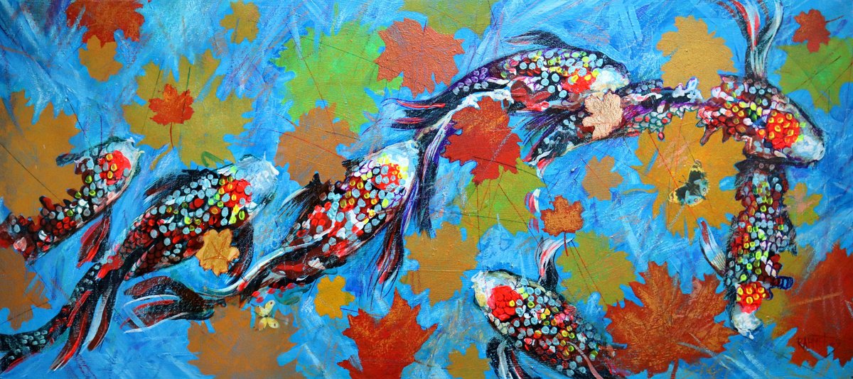 Impressionistic Animal Acrylic Painting By Rakhmet Redzhepov, 31 X 14", Koi Fish On Blue., Original Artwork