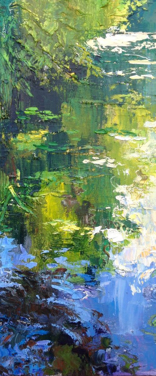 Abstract water lilies pond oil painting landscape river sunlight by Nataliia Nosyk