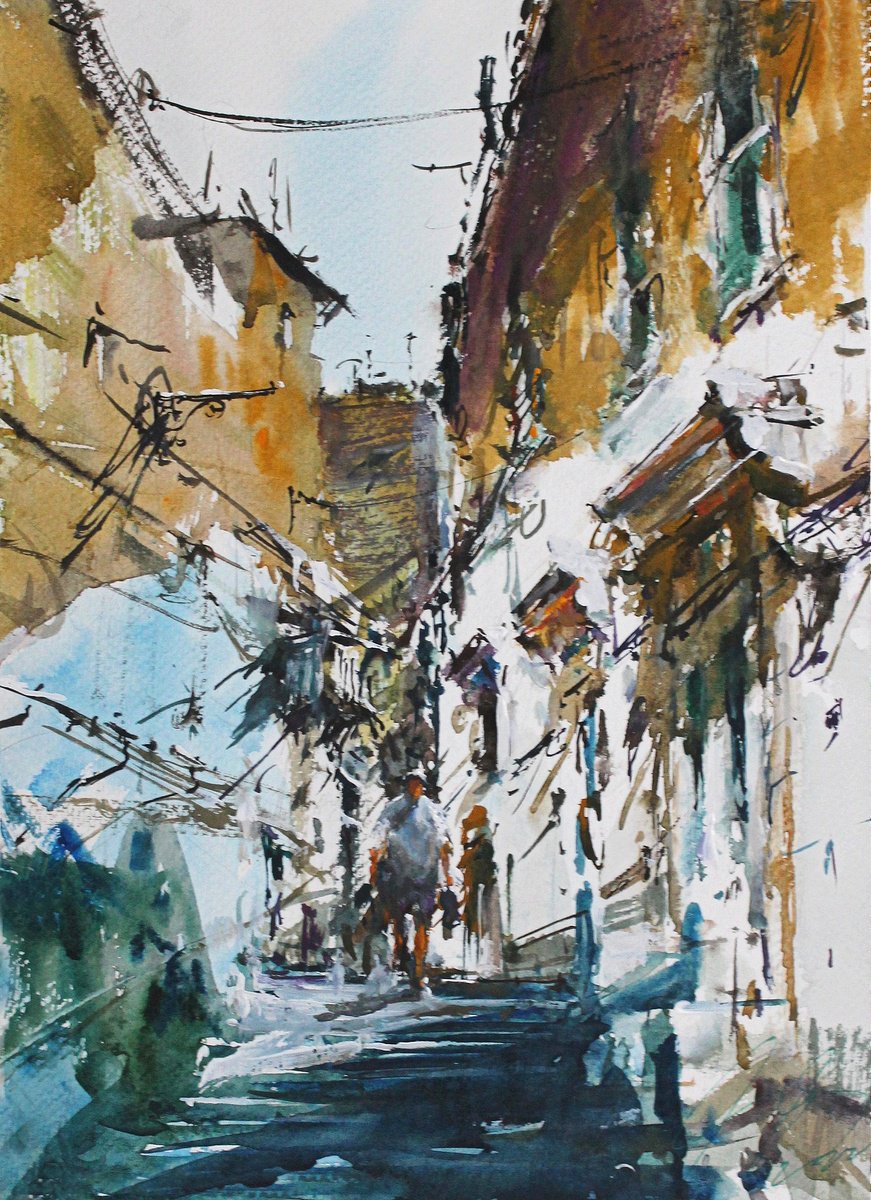 Impressionistic Cityscapes Watercolour By Maximo Damico, 10 X 14", The Blue Staircase, Original Artwork